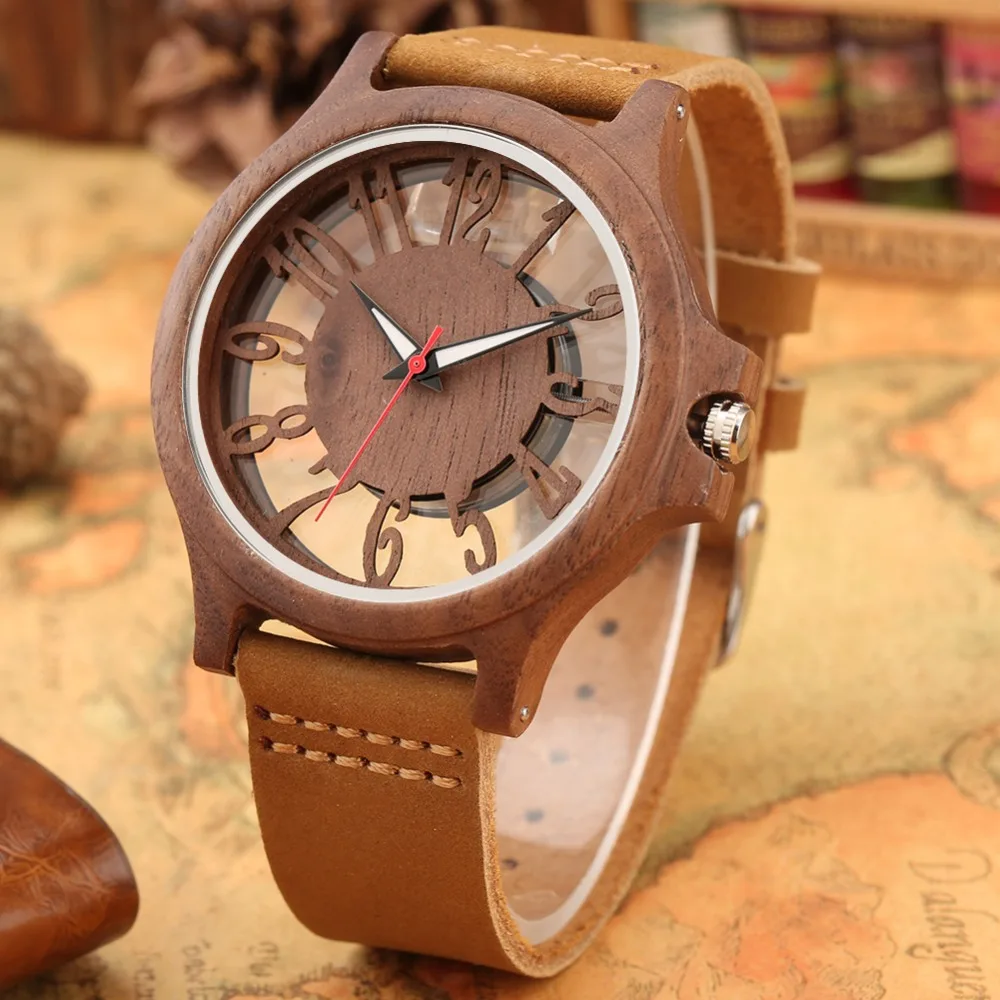 Retro Hollow Transparent Dial Wooden Watches Quartz Timepieces Clock Male Mens Watches Retro Leather Man Clock Relogio Masculino