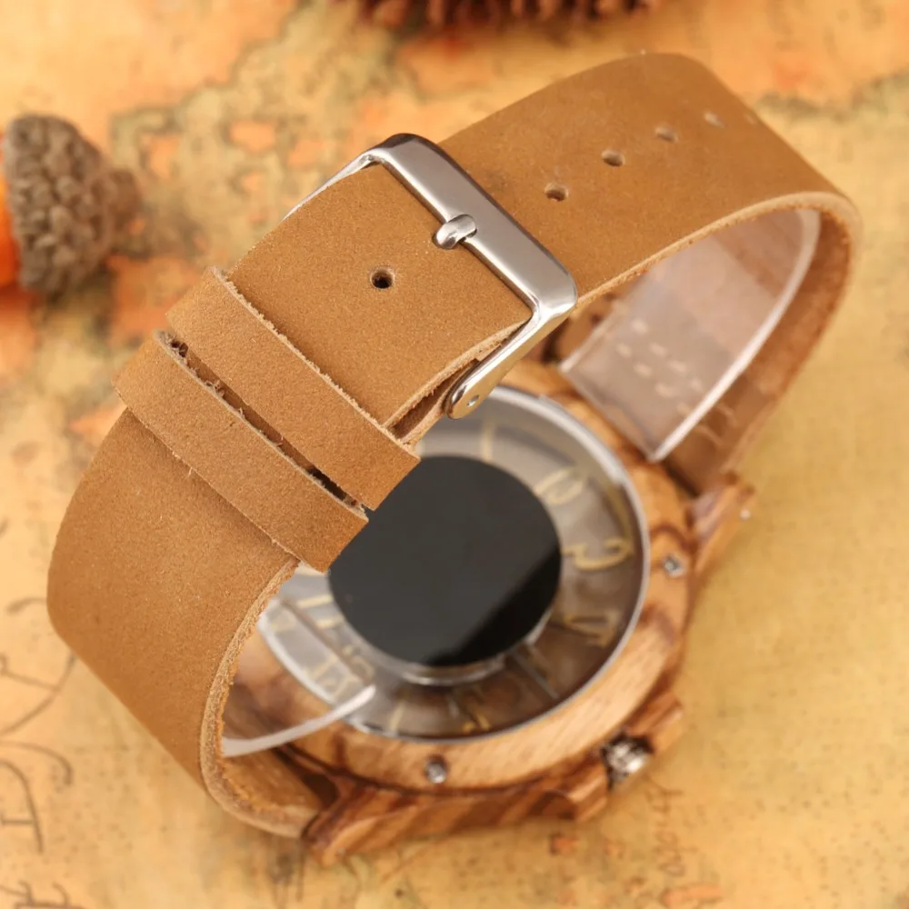 Retro Hollow Transparent Dial Wooden Watches Quartz Timepieces Clock Male Mens Watches Retro Leather Man Clock Relogio Masculino