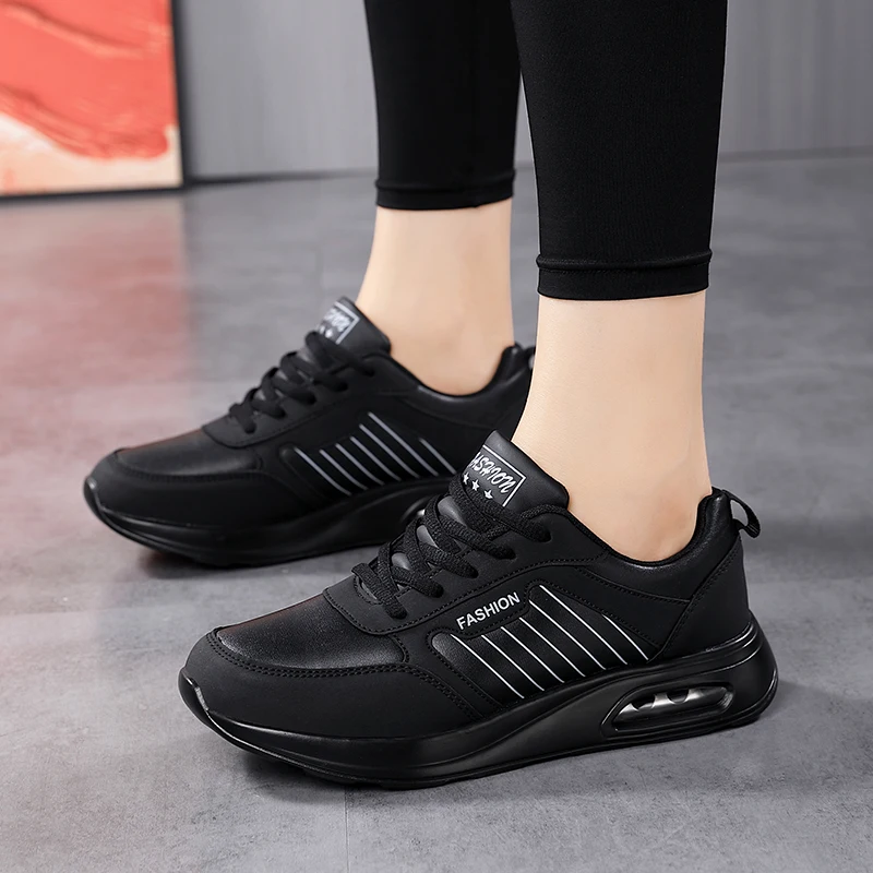 Women Fashion Air-cushion Sneakers PU Leather Running Shoes Anti-slip Outdoor Sports Shoes Elastic Gym Trainers