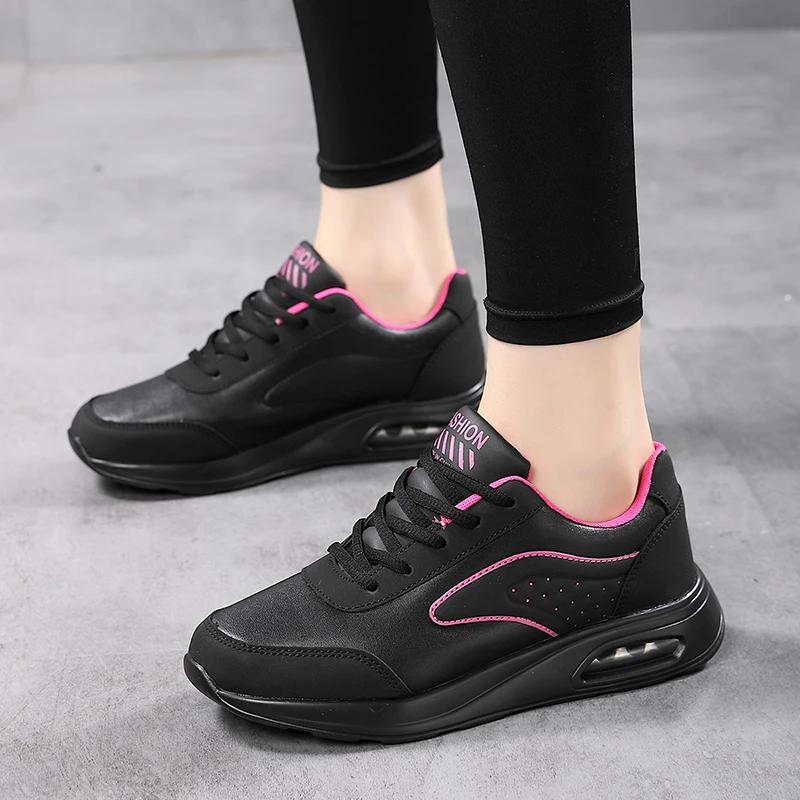 Women Fashion Air-cushion Sneakers PU Leather Running Shoes Anti-slip Outdoor Sports Shoes Elastic Gym Trainers