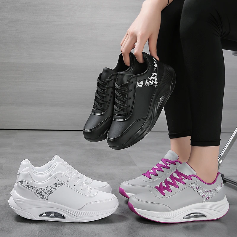 Women Fashion Air-cushion Sneakers PU Leather Running Shoes Anti-slip Outdoor Sports Shoes Elastic Gym Trainers
