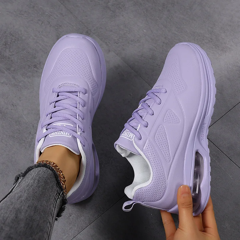Women Fashion Air-cushion Sneakers PU Leather Running Shoes Anti-slip Outdoor Sports Shoes Elastic Gym Trainers