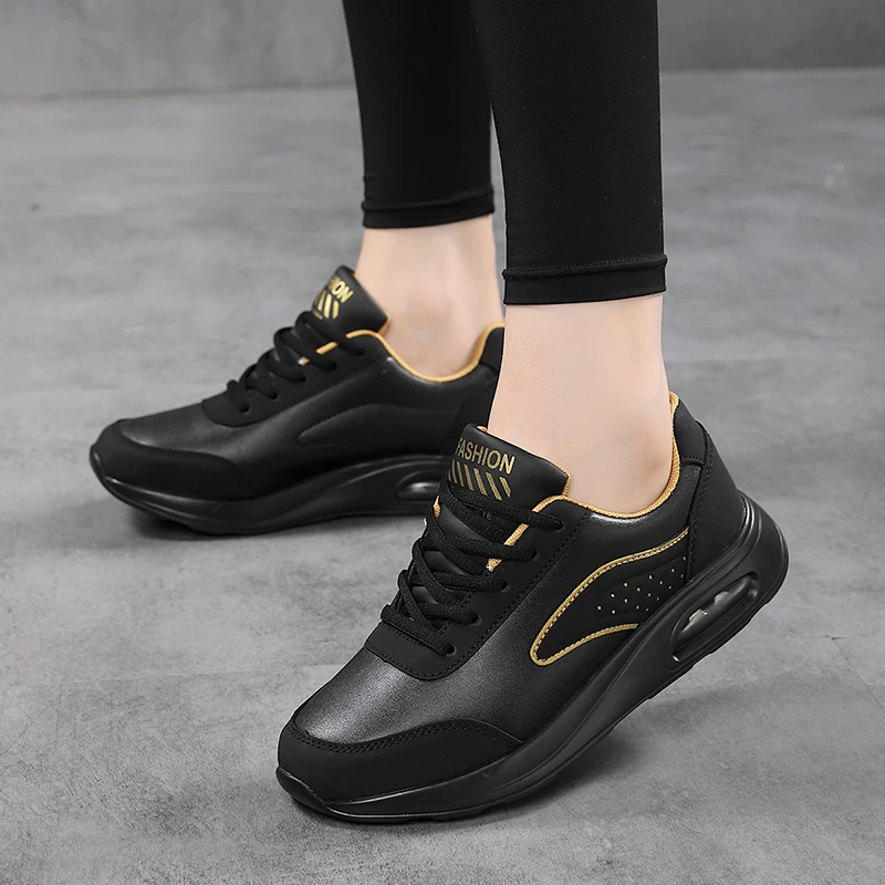 Women Fashion Air-cushion Sneakers PU Leather Running Shoes Anti-slip Outdoor Sports Shoes Elastic Gym Trainers