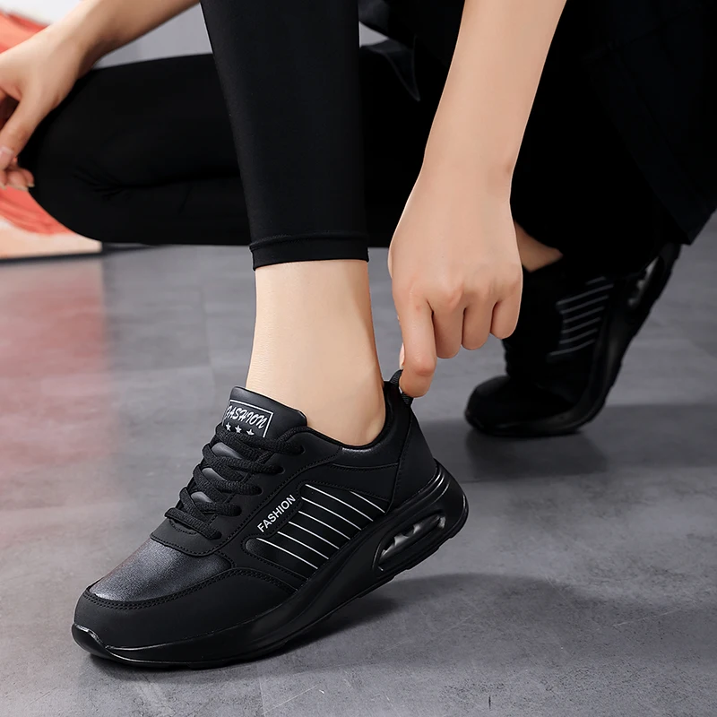 Women Fashion Air-cushion Sneakers PU Leather Running Shoes Anti-slip Outdoor Sports Shoes Elastic Gym Trainers