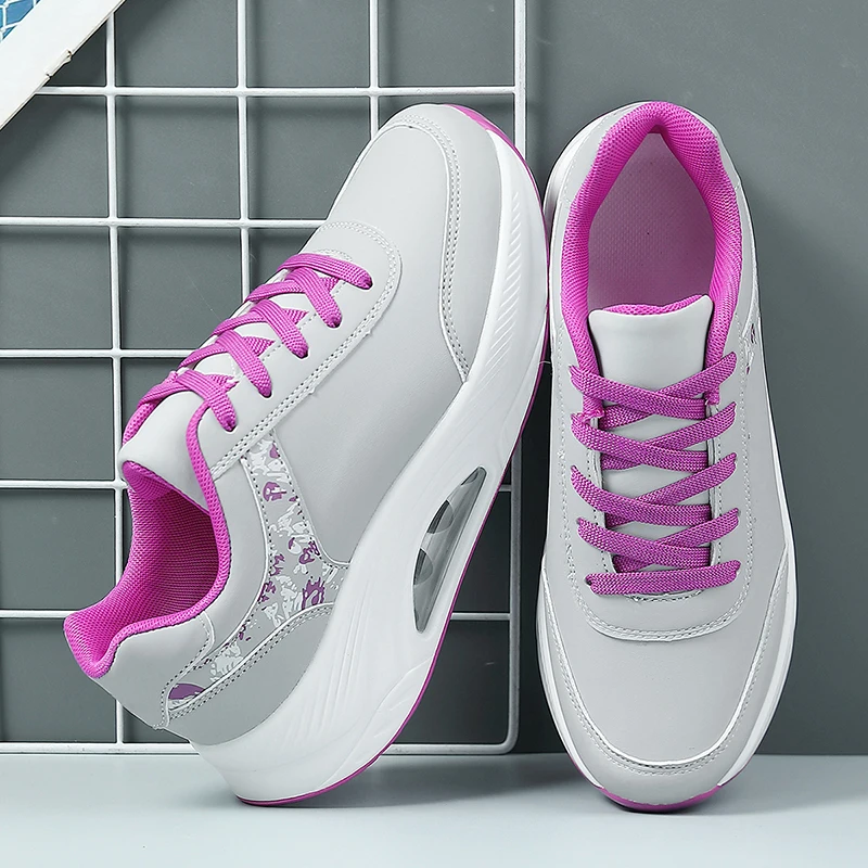 Women Fashion Air-cushion Sneakers PU Leather Running Shoes Anti-slip Outdoor Sports Shoes Elastic Gym Trainers