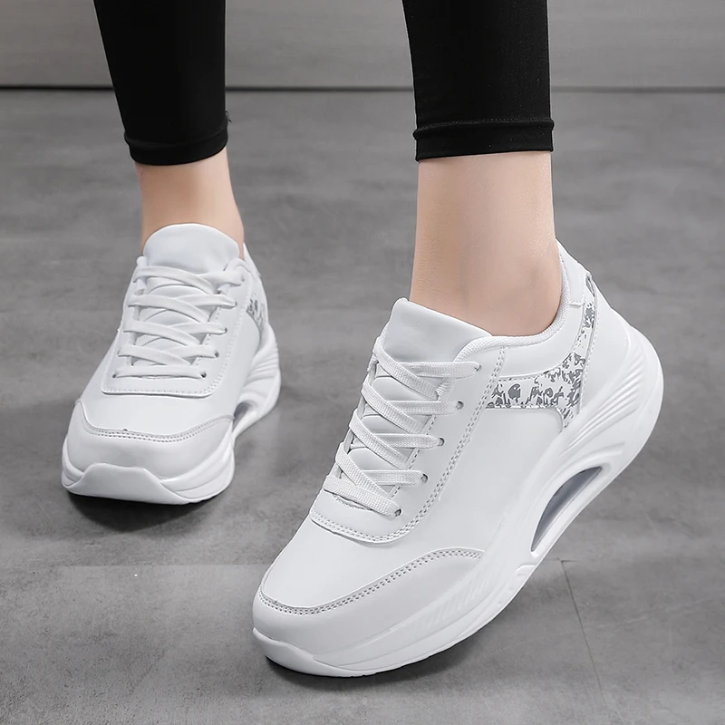 Women Fashion Air-cushion Sneakers PU Leather Running Shoes Anti-slip Outdoor Sports Shoes Elastic Gym Trainers