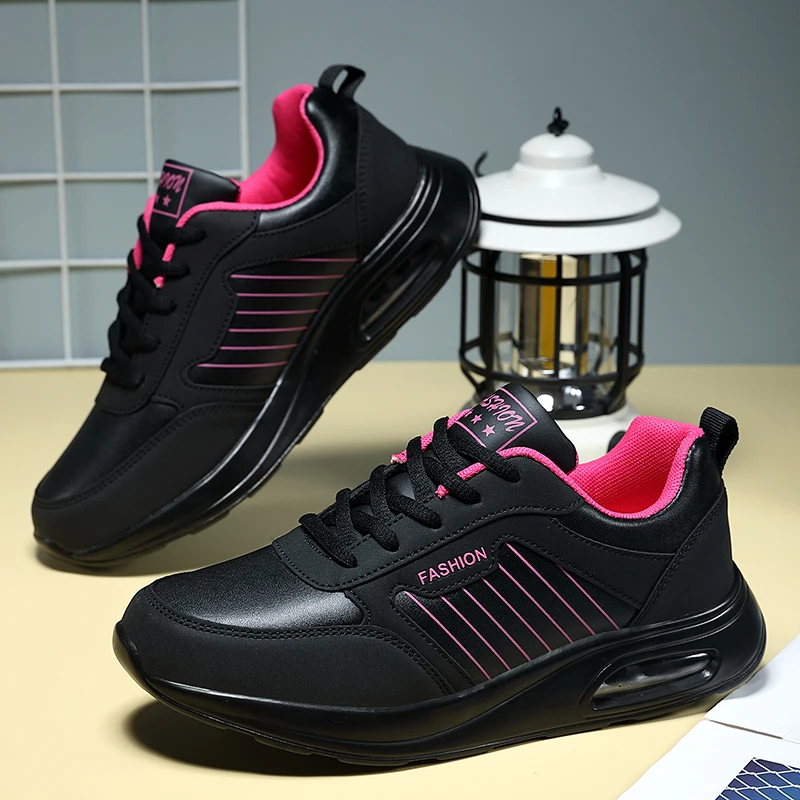 Women Fashion Air-cushion Sneakers PU Leather Running Shoes Anti-slip Outdoor Sports Shoes Elastic Gym Trainers