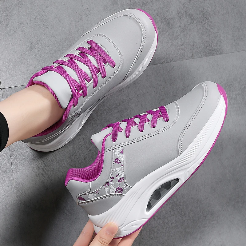 Women Fashion Air-cushion Sneakers PU Leather Running Shoes Anti-slip Outdoor Sports Shoes Elastic Gym Trainers