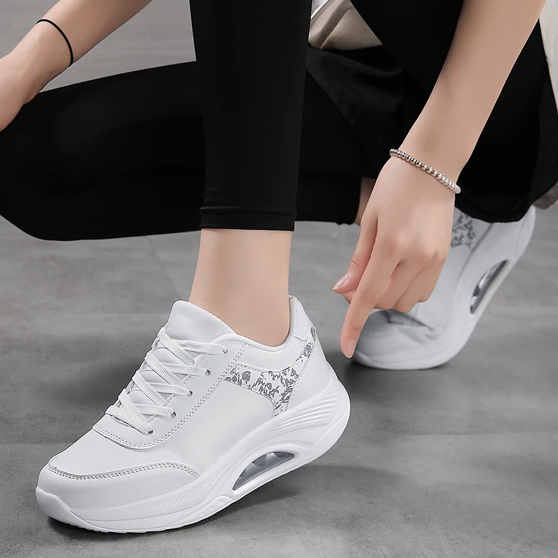Women Fashion Air-cushion Sneakers PU Leather Running Shoes Anti-slip Outdoor Sports Shoes Elastic Gym Trainers