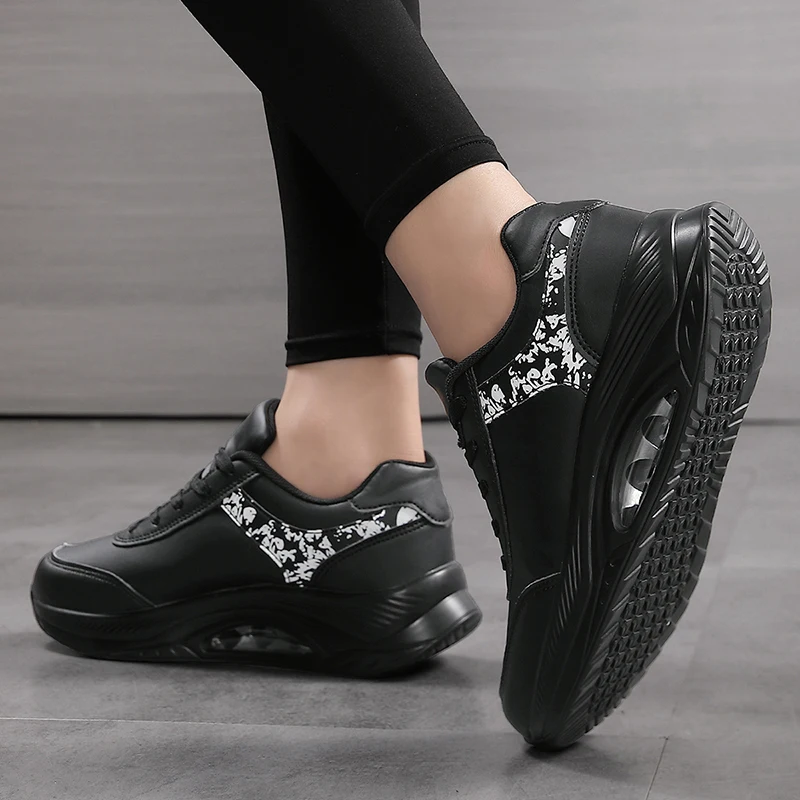 Women Fashion Air-cushion Sneakers PU Leather Running Shoes Anti-slip Outdoor Sports Shoes Elastic Gym Trainers