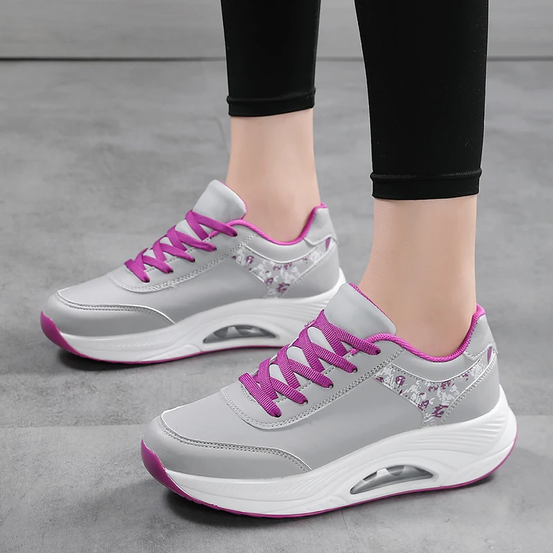 Women Fashion Air-cushion Sneakers PU Leather Running Shoes Anti-slip Outdoor Sports Shoes Elastic Gym Trainers