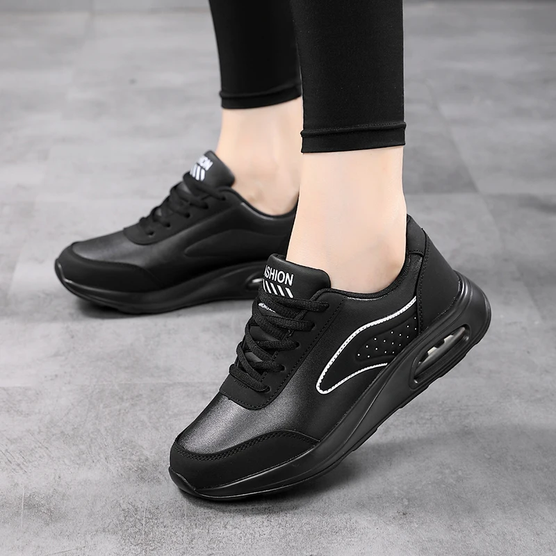 Women Fashion Air-cushion Sneakers PU Leather Running Shoes Anti-slip Outdoor Sports Shoes Elastic Gym Trainers