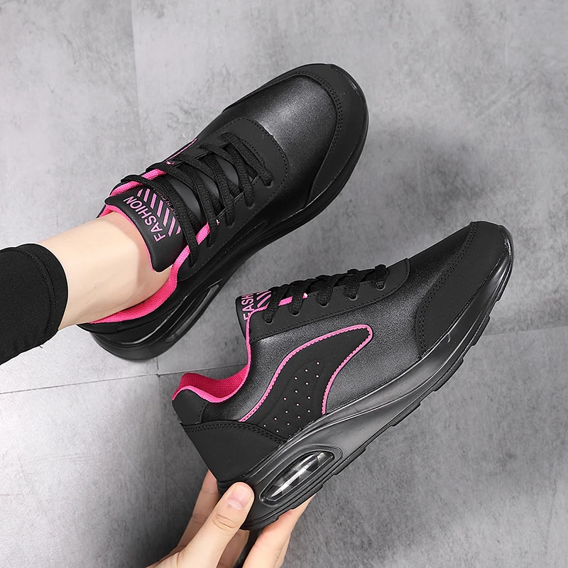 Women Fashion Air-cushion Sneakers PU Leather Running Shoes Anti-slip Outdoor Sports Shoes Elastic Gym Trainers