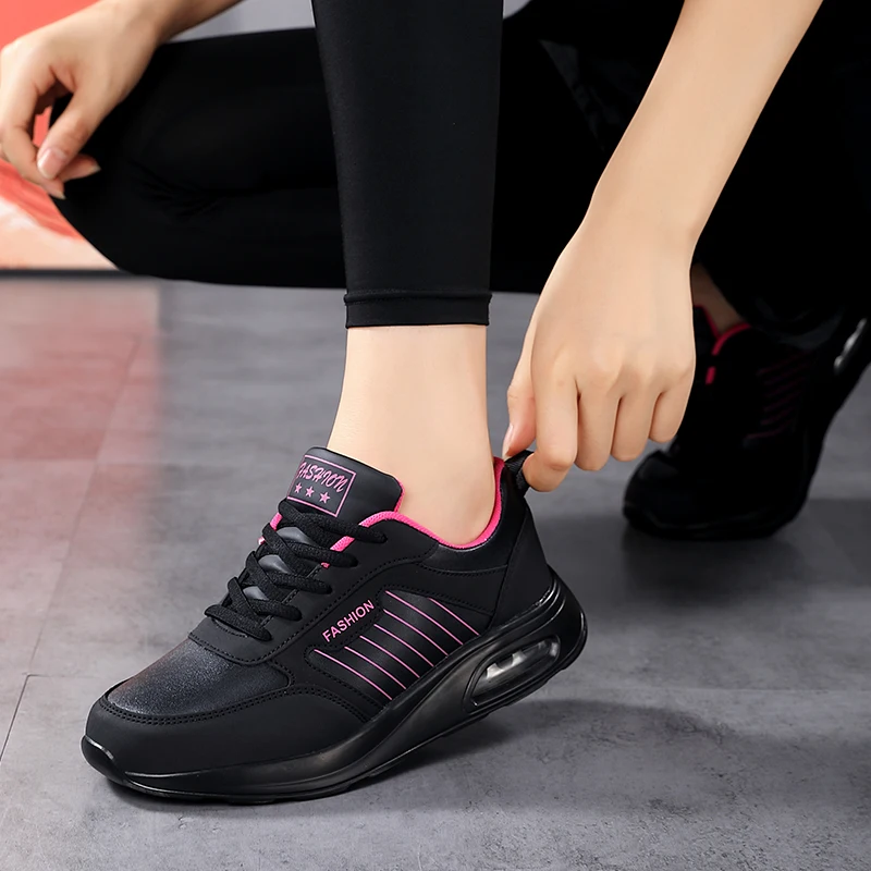 Women Fashion Air-cushion Sneakers PU Leather Running Shoes Anti-slip Outdoor Sports Shoes Elastic Gym Trainers