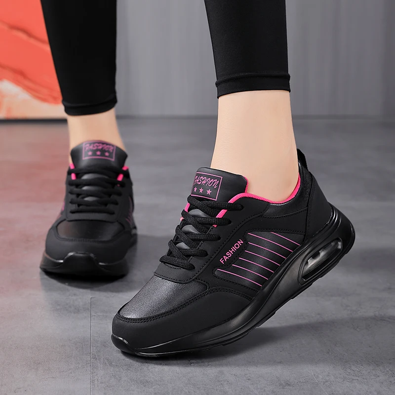 Women Fashion Air-cushion Sneakers PU Leather Running Shoes Anti-slip Outdoor Sports Shoes Elastic Gym Trainers