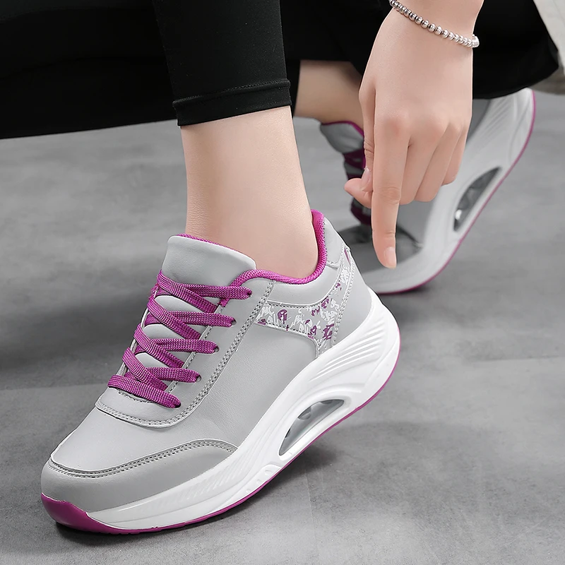 Women Fashion Air-cushion Sneakers PU Leather Running Shoes Anti-slip Outdoor Sports Shoes Elastic Gym Trainers