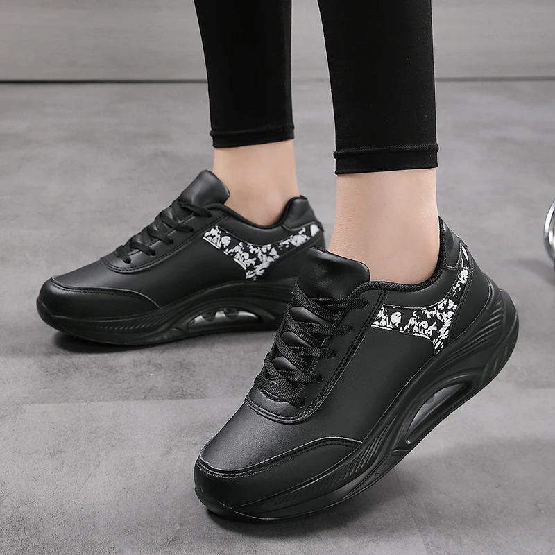 Women Fashion Air-cushion Sneakers PU Leather Running Shoes Anti-slip Outdoor Sports Shoes Elastic Gym Trainers