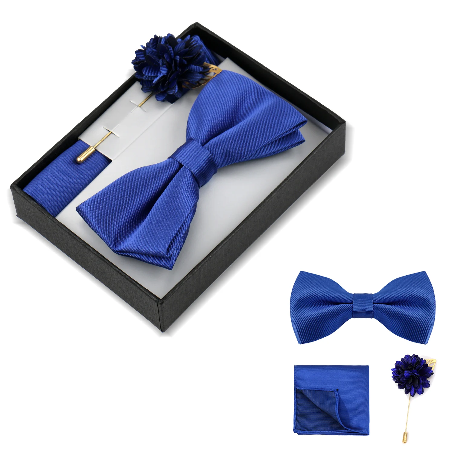 Bowtie Man Flower Brooch Set With Box Pocket Square Butterfly Lapel Pin Bow Tie Set For Men Wedding Suit Accessories Gift Cravat