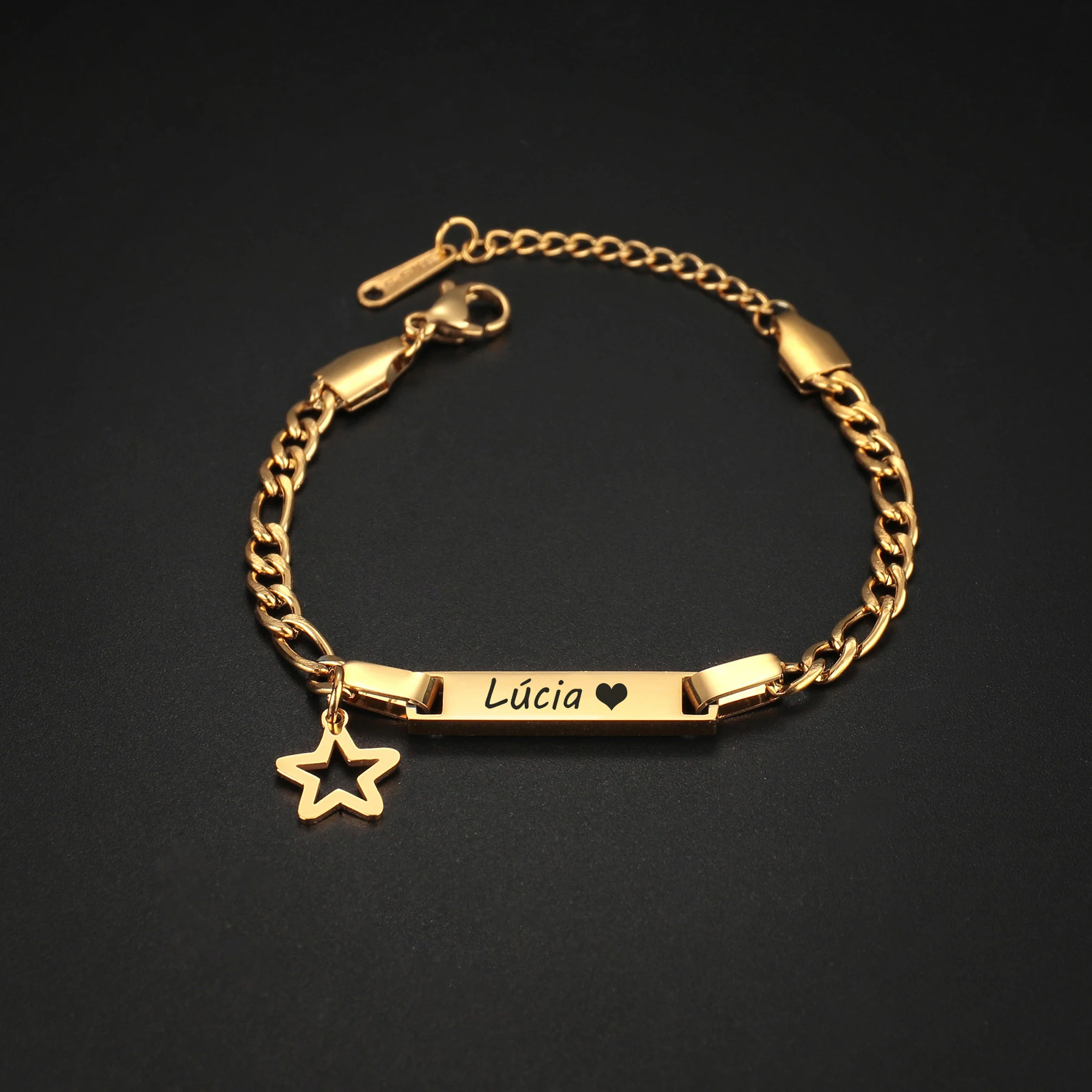 Atoztide Personalized Engrave Name Bracelet For Women Mother Kids Stainless Steel Heart Adjustable Figaro Chain Jewelry Gift