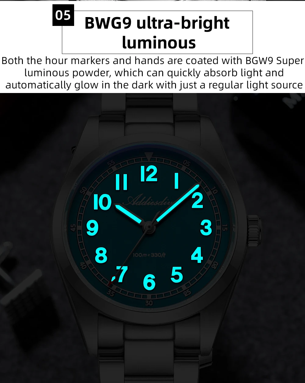 ADDIESDIVE Luxury Men's Watch 100m Water Resistance Sapphire Glass BGW9 Super Luminous Quartz Movement Stainless Steel Bracelet