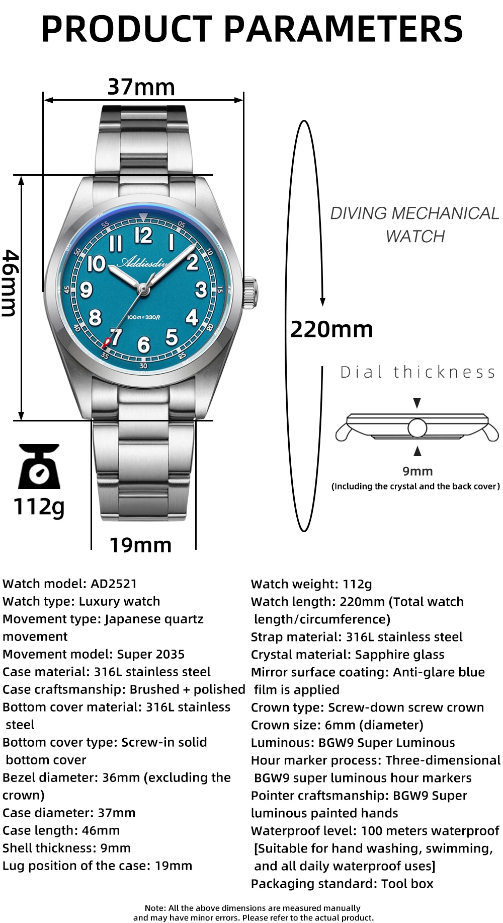 ADDIESDIVE Luxury Men's Watch 100m Water Resistance Sapphire Glass BGW9 Super Luminous Quartz Movement Stainless Steel Bracelet