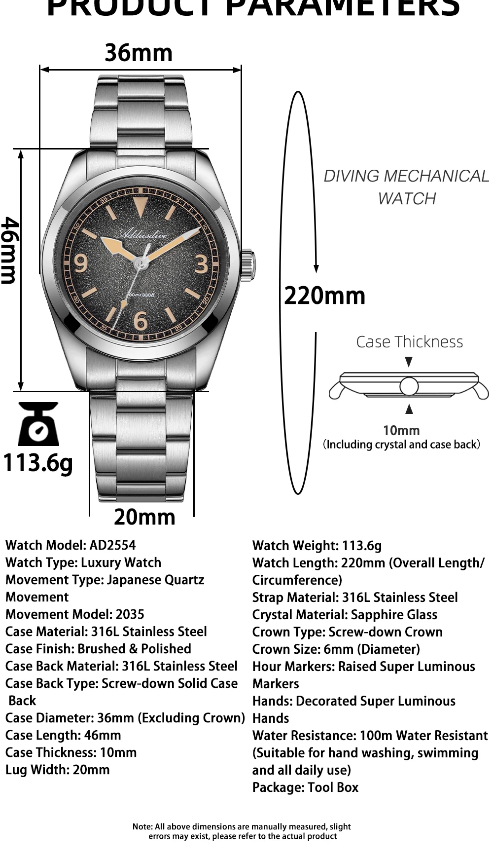 ADDIESDIV New Retro Men's Quartz Watch Sapphire Glass Japanese Movement 100m Waterproof Stainless Steel Night Light Watch AD2554