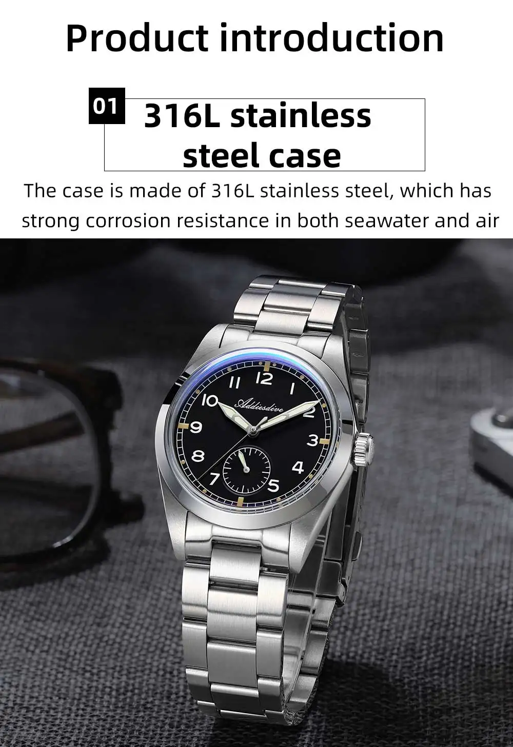 ADDIESDIVE 36mm Men's VH60 Quartz Watch BGW9 Night Light Bubble Glass 100m Waterproof Stainless Steel Men's Simple Watch AD2099