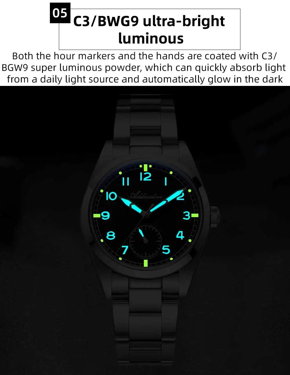 ADDIESDIVE 36mm Men's VH60 Quartz Watch BGW9 Night Light Bubble Glass 100m Waterproof Stainless Steel Men's Simple Watch AD2099