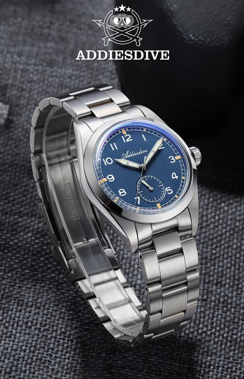 ADDIESDIVE 36mm Men's VH60 Quartz Watch BGW9 Night Light Bubble Glass 100m Waterproof Stainless Steel Men's Simple Watch AD2099