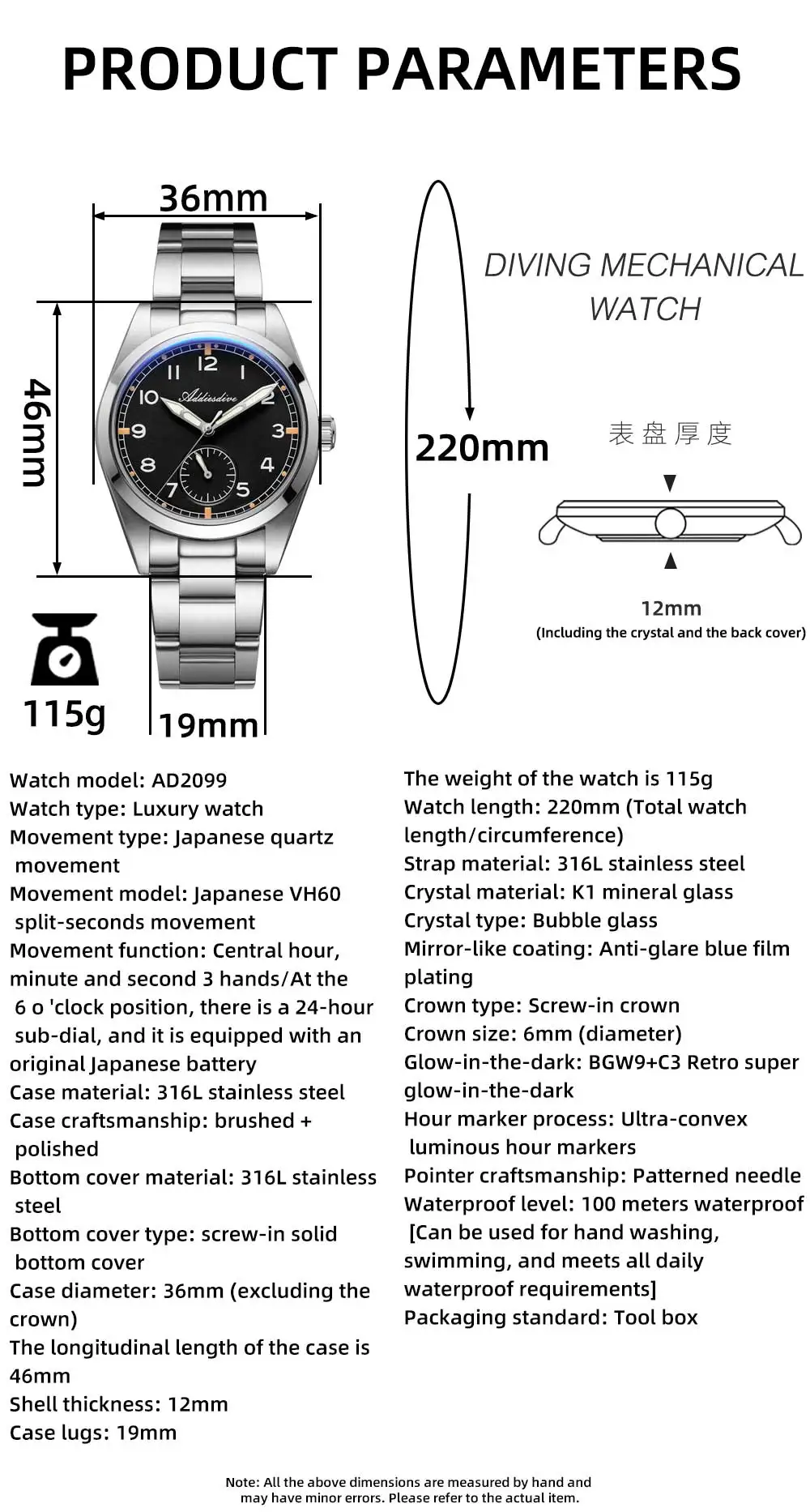 ADDIESDIVE 36mm Men's VH60 Quartz Watch BGW9 Night Light Bubble Glass 100m Waterproof Stainless Steel Men's Simple Watch AD2099