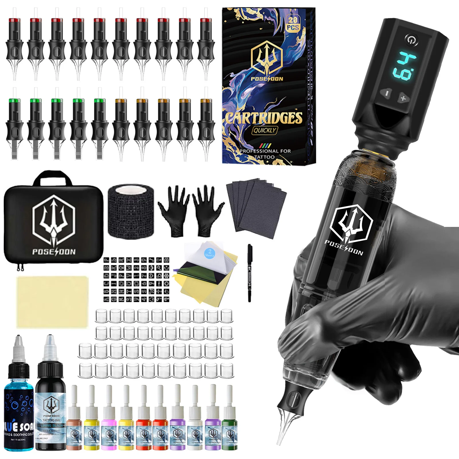 Tattoo Kit POSEIDON V5 Lightweight Tattoo Pen Kit For Permanent Makeup Tattoo Machine Kit Wireless Black Tattoo Gun Tattoo Kit