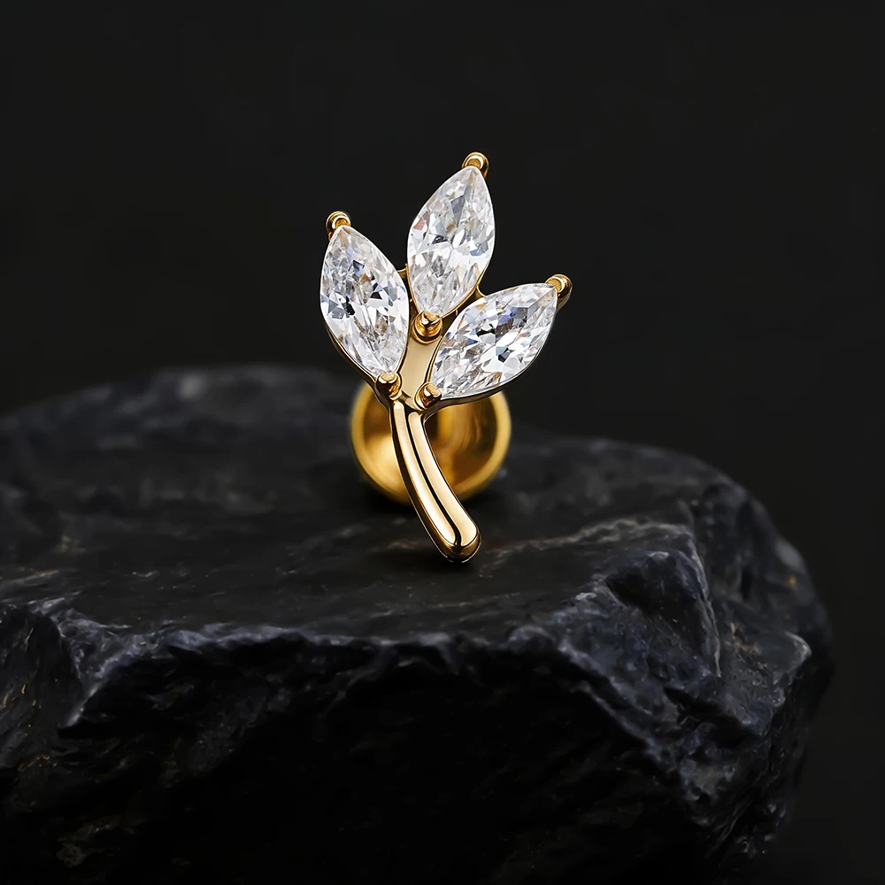 Right Grand ASTM F136 Titanium Triple Marquise CZ Cartilage Earring 16G Dainty Leaf Helix Tragus Stud Ear Piercing Jewelry