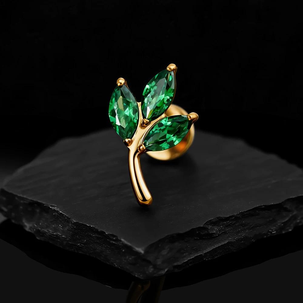 Right Grand ASTM F136 Titanium Triple Marquise CZ Cartilage Earring 16G Dainty Leaf Helix Tragus Stud Ear Piercing Jewelry