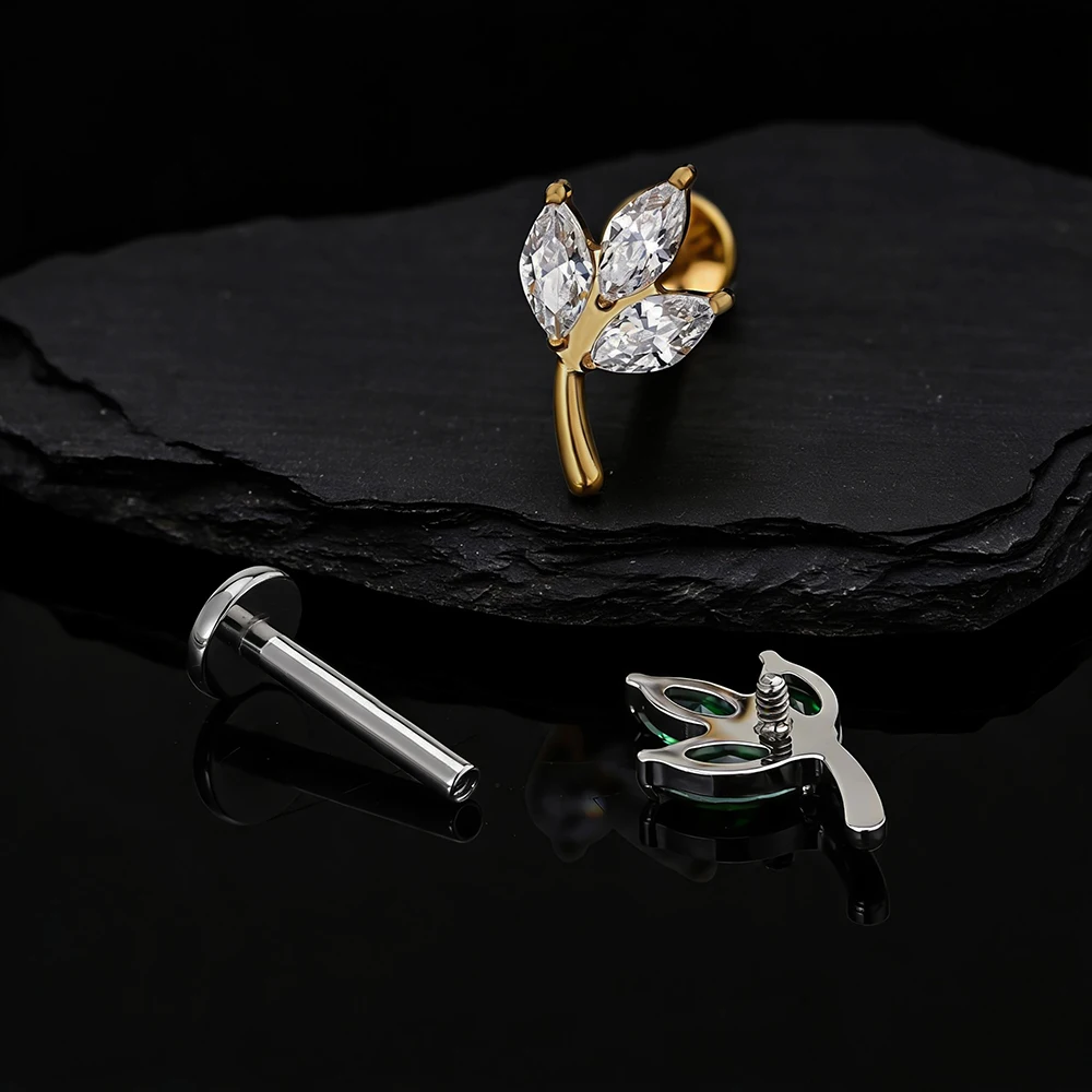 Right Grand ASTM F136 Titanium Triple Marquise CZ Cartilage Earring 16G Dainty Leaf Helix Tragus Stud Ear Piercing Jewelry