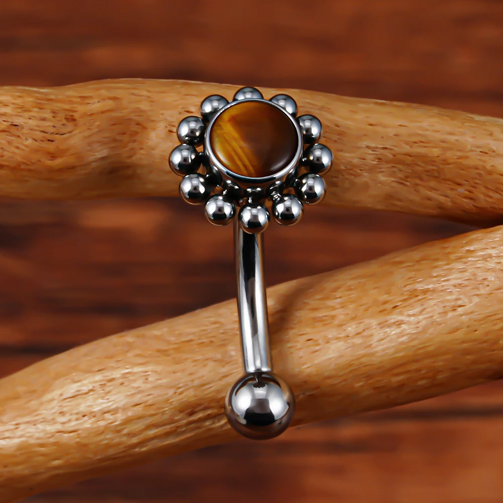 Right Grand ASTM F136 Titanium 16G Flower Rook Earring with Semi Precious Stone Eyebrow Curved Barbell Earring Piercing Jewelry