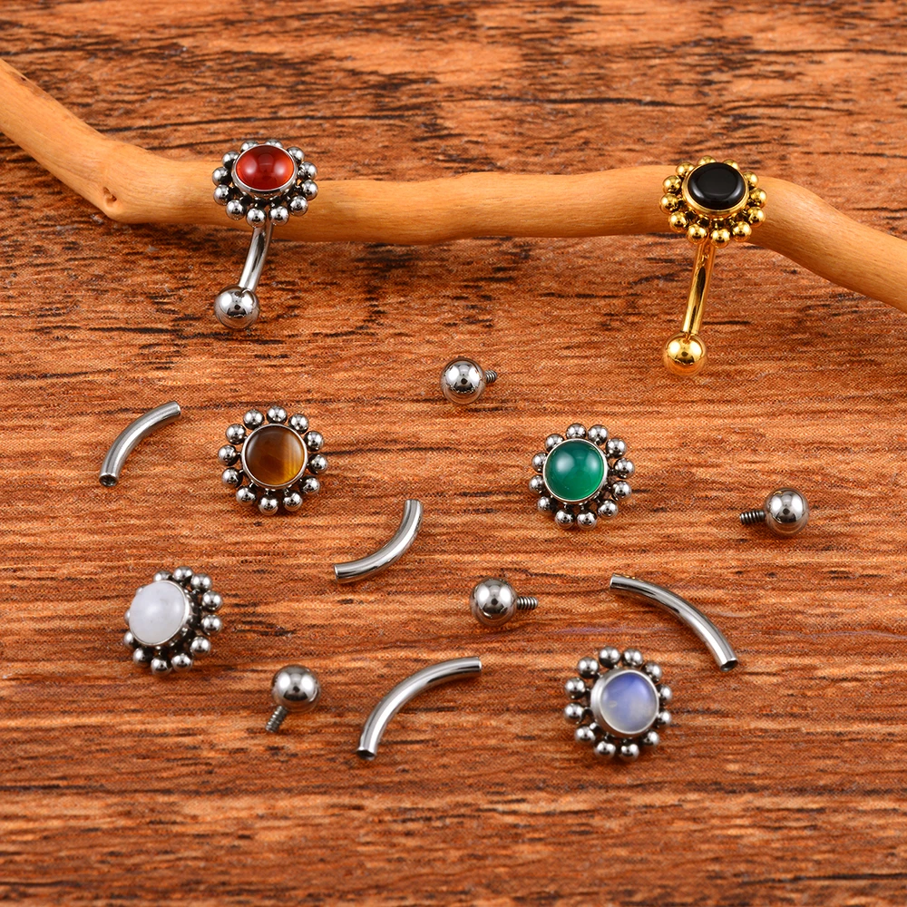 Right Grand ASTM F136 Titanium 16G Flower Rook Earring with Semi Precious Stone Eyebrow Curved Barbell Earring Piercing Jewelry
