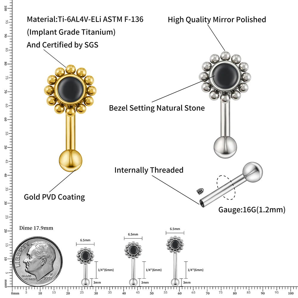 Right Grand ASTM F136 Titanium 16G Flower Rook Earring with Semi Precious Stone Eyebrow Curved Barbell Earring Piercing Jewelry