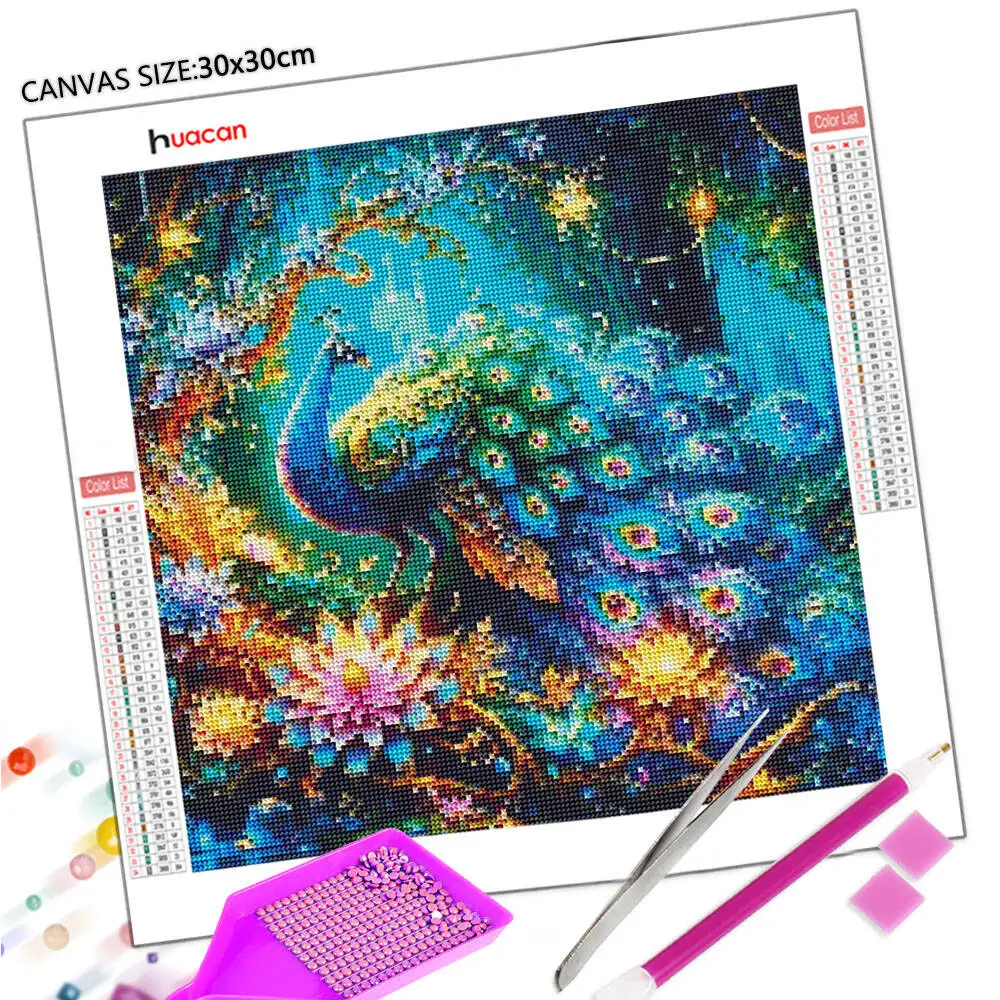 Huacan New Arrivals 2025 Diamond Painting Peacock Flower Diamond Mosaic Animal Complete Kit Craft Kit