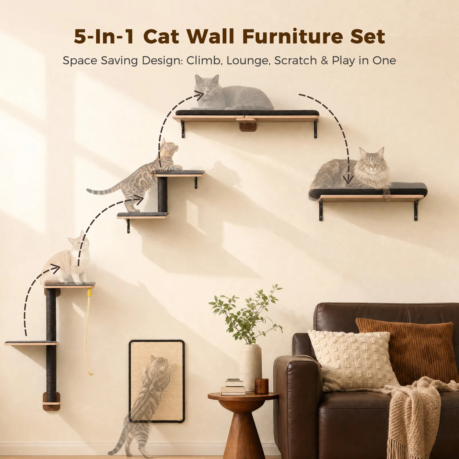 Wooden Cat Climbing Wall Shelves 5-in-1 Cat Wall Furniture with Perches Sisal Scratching Posts & Scratcher Pads Climbing Ropes Modern Climbing Set for Indoor Cats Accessories Cat Toys
