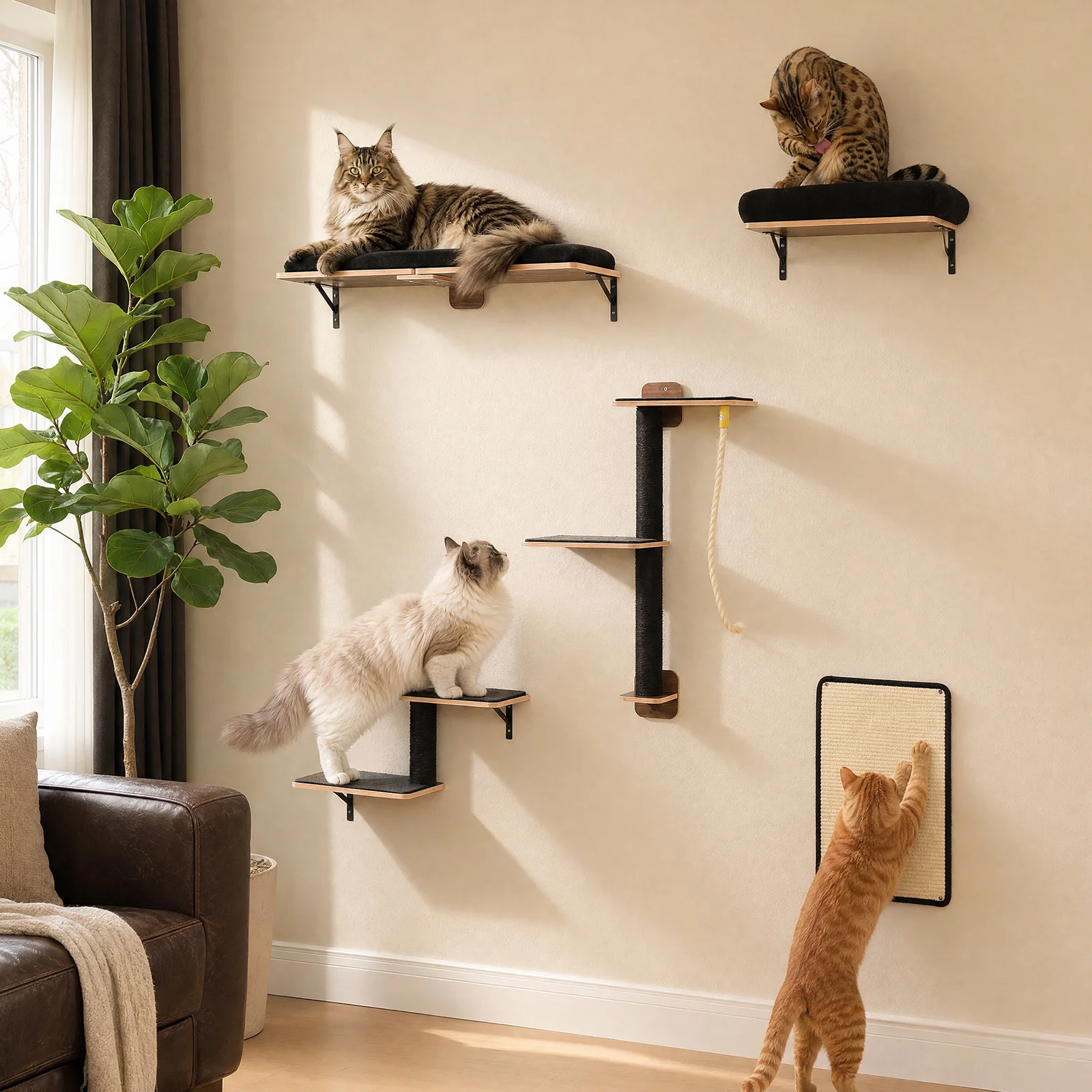 Wooden Cat Climbing Wall Shelves 5-in-1 Cat Wall Furniture with Perches Sisal Scratching Posts & Scratcher Pads Climbing Ropes Modern Climbing Set for Indoor Cats Accessories Cat Toys