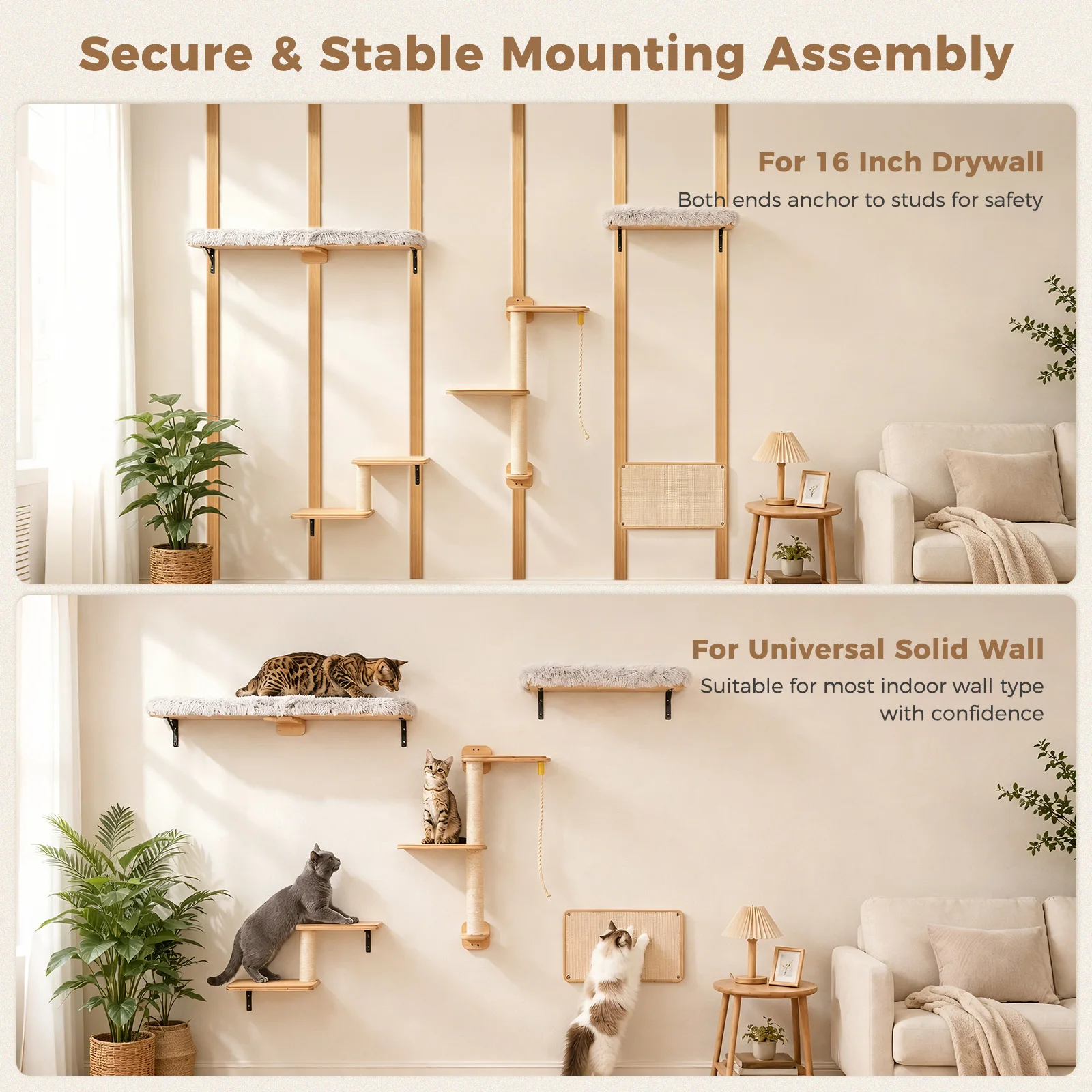 Wooden Cat Climbing Wall Shelves 5-in-1 Cat Wall Furniture with Perches Sisal Scratching Posts & Scratcher Pads Climbing Ropes Modern Climbing Set for Indoor Cats Accessories Cat Toys