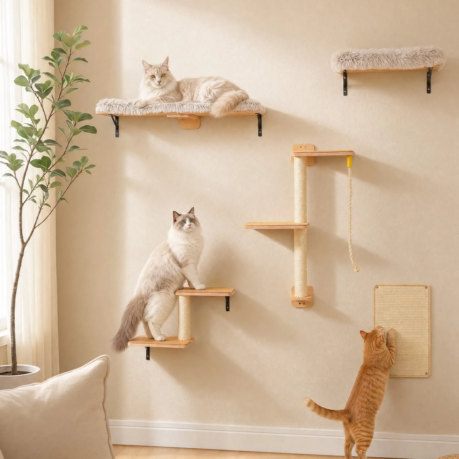Wooden Cat Climbing Wall Shelves 5-in-1 Cat Wall Furniture with Perches Sisal Scratching Posts & Scratcher Pads Climbing Ropes Modern Climbing Set for Indoor Cats Accessories Cat Toys