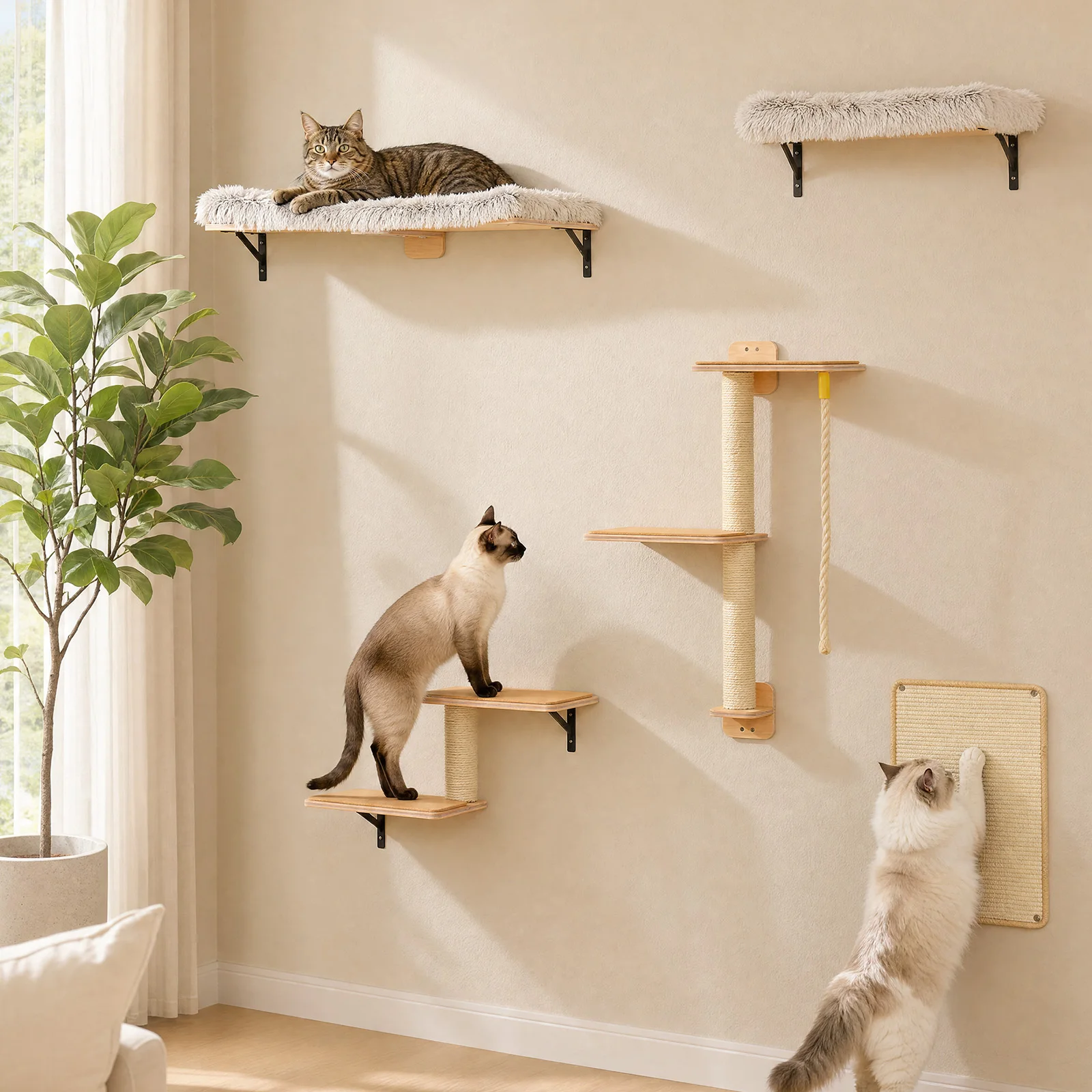 Wooden Cat Climbing Wall Shelves 5-in-1 Cat Wall Furniture with Perches Sisal Scratching Posts & Scratcher Pads Climbing Ropes Modern Climbing Set for Indoor Cats Accessories Cat Toys