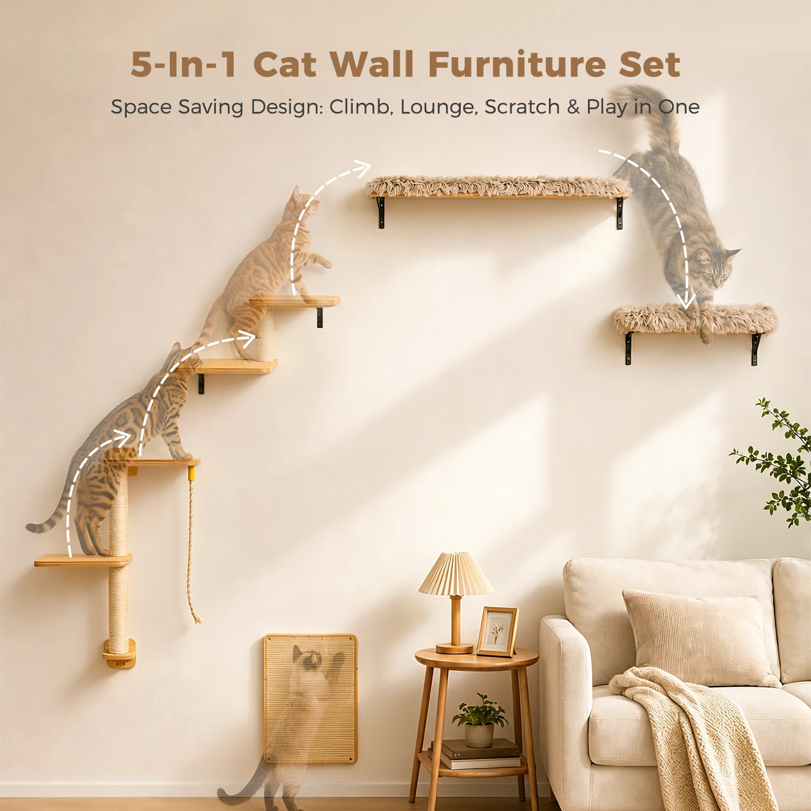 Wooden Cat Climbing Wall Shelves 5-in-1 Cat Wall Furniture with Perches Sisal Scratching Posts & Scratcher Pads Climbing Ropes Modern Climbing Set for Indoor Cats Accessories Cat Toys
