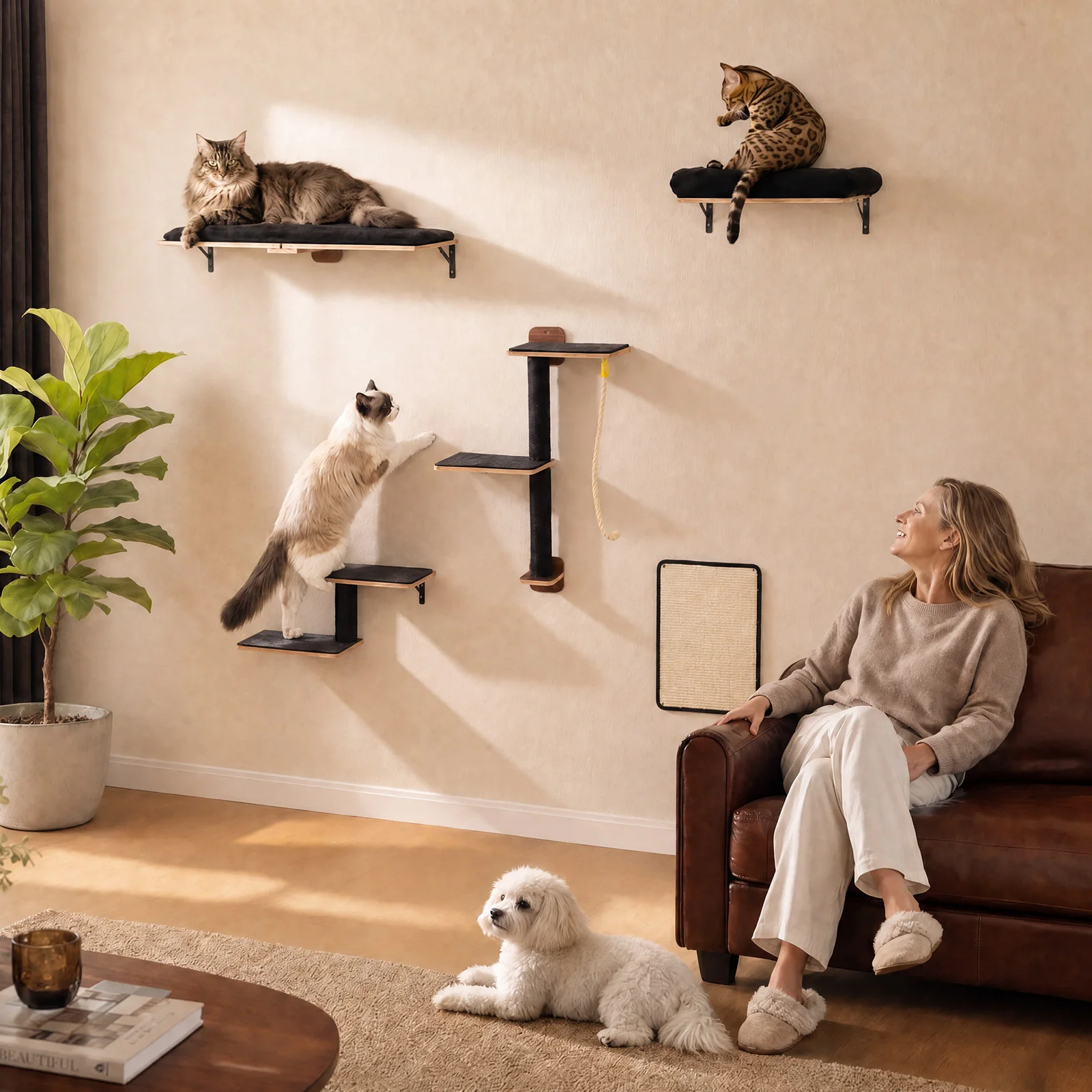 Wooden Cat Climbing Wall Shelves 5-in-1 Cat Wall Furniture with Perches Sisal Scratching Posts & Scratcher Pads Climbing Ropes Modern Climbing Set for Indoor Cats Accessories Cat Toys
