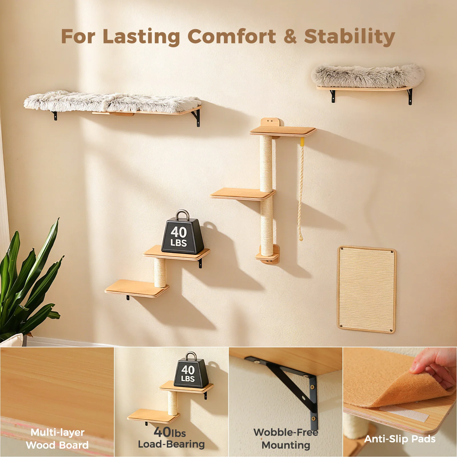 Wooden Cat Climbing Wall Shelves 5-in-1 Cat Wall Furniture with Perches Sisal Scratching Posts & Scratcher Pads Climbing Ropes Modern Climbing Set for Indoor Cats Accessories Cat Toys