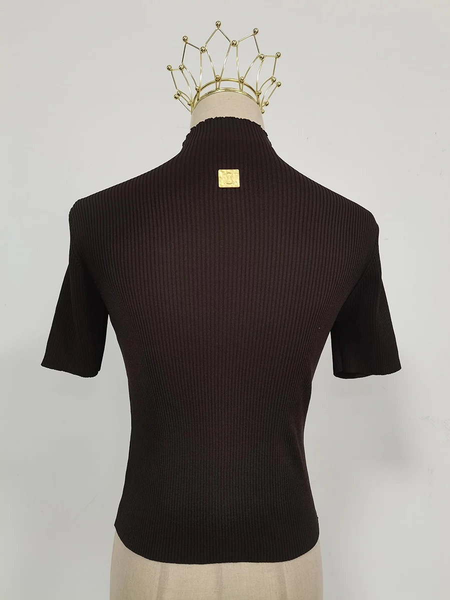 TWOTWINSTYLE Hollow Out Spliced Metal Buckle T Shirts For Women Turtleneck Short Sleeve Minimalist Slimming T Shirt Female 2025