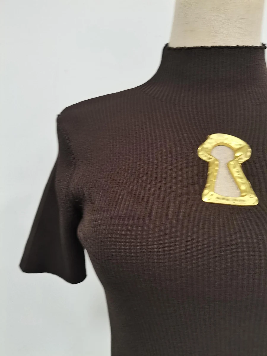 TWOTWINSTYLE Hollow Out Spliced Metal Buckle T Shirts For Women Turtleneck Short Sleeve Minimalist Slimming T Shirt Female 2025