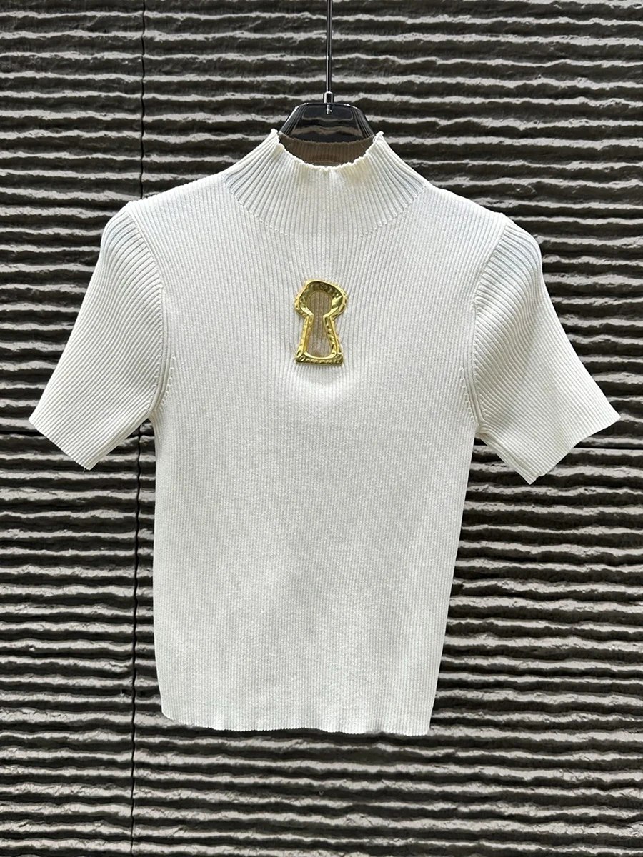 TWOTWINSTYLE Hollow Out Spliced Metal Buckle T Shirts For Women Turtleneck Short Sleeve Minimalist Slimming T Shirt Female 2025