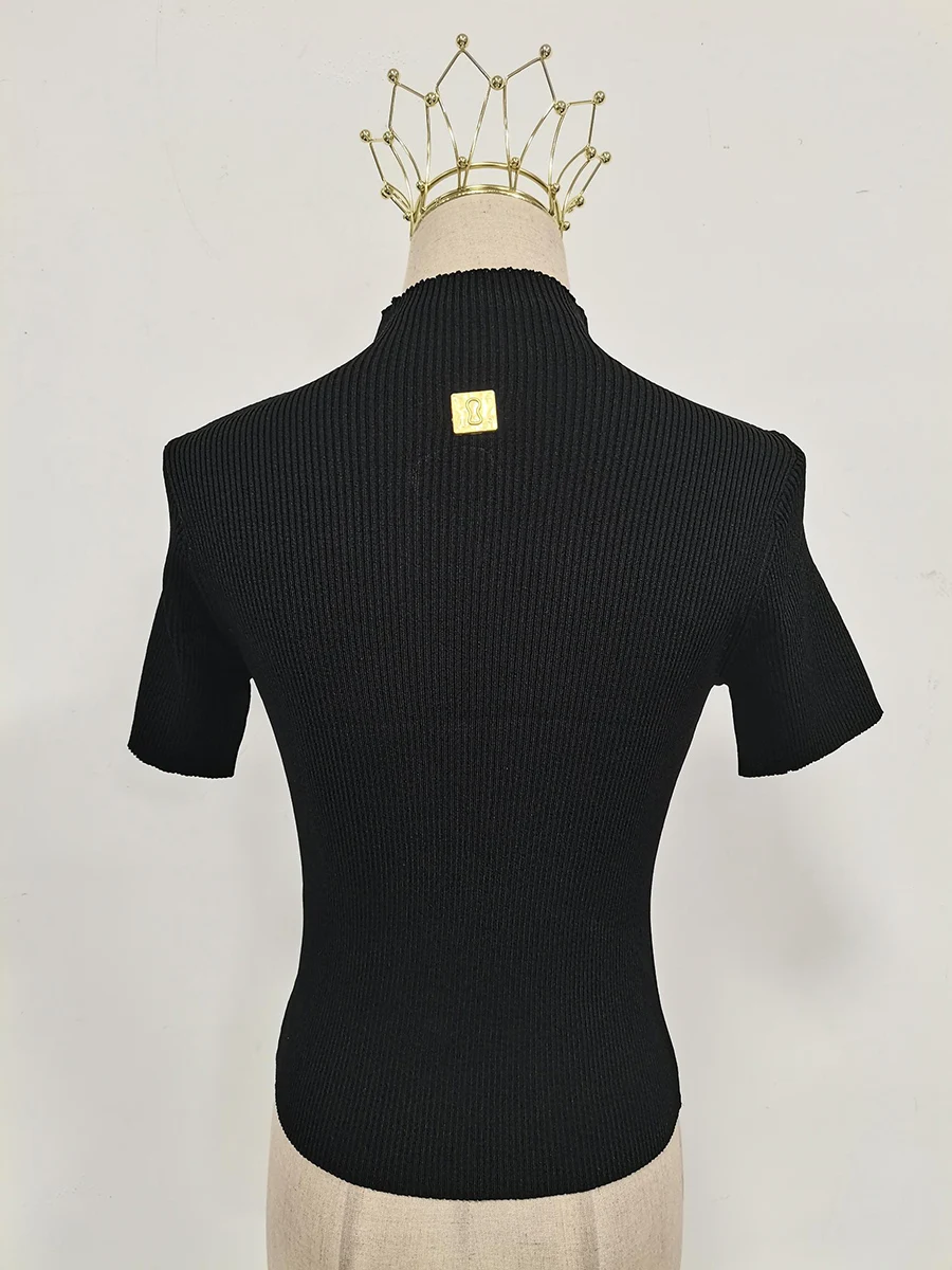 TWOTWINSTYLE Hollow Out Spliced Metal Buckle T Shirts For Women Turtleneck Short Sleeve Minimalist Slimming T Shirt Female 2025